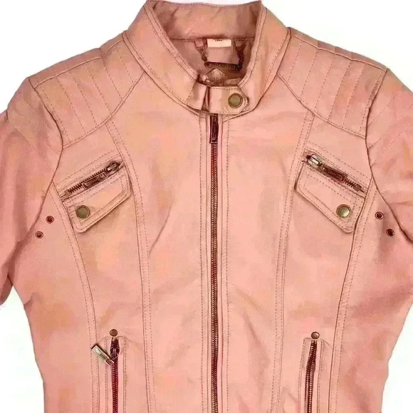 Joujou Pink Faux Leather Moto Jacket Girls XL /Wmn S Y2K Rocker Biker Girly Girl - Picture 4 of 16